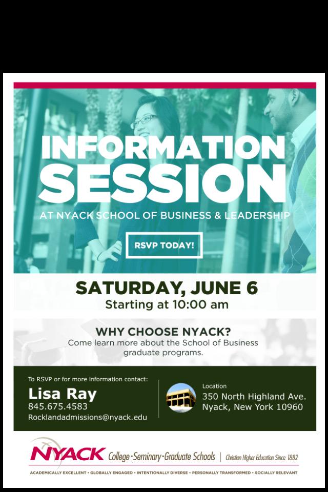NyackMBAMSOL's tweet photo. WHY CHOOSE NYACK? Find Out June 6th #nyackcollege #nyackvisit @NyackCollege http://t.co/Buf3SF3gnA