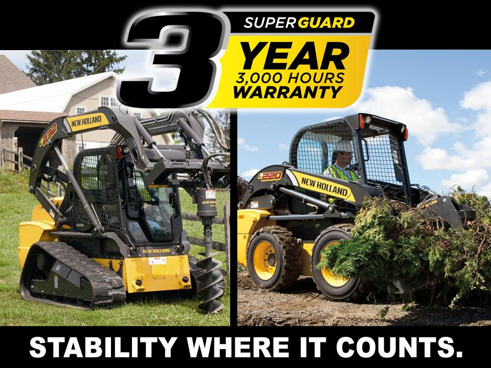 NHAgriculture's tweet image. STABILITY WHERE IT COUNTS. New Holland announces 3-yr, 3,000-hour factory warranty for Skid Steers &amp;amp; Compact Loaders.