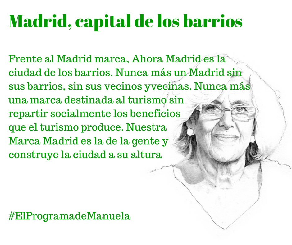 madconmanuela's tweet photo. Nunca más un #Madrid sin sus barrios #ElprogramadeManuela #AhoraMadrid #ManuelaAlcaldesa #24M #elecciones2015 http://t.co/3Nj7Xd2ibB