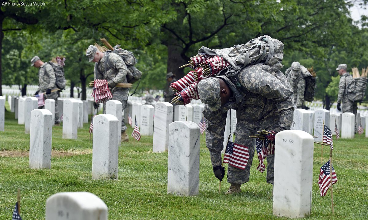 #FlagsIn: Members of The Old Guard place flags in front of each headstone at <a href="/ArlingtonNatl/">Arlington National Cemetery</a> prior to #MemorialDay.