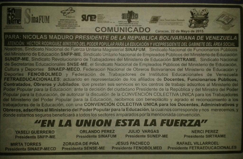 Mirta954's tweet photo. CONVENCIÓN COLECTIVA ÚNICA (DOCENTES, ADMINISTRATIVOS Y OBREROS) DEL MPPE #DiosdadoTeApoyamos @HectoRodriguez http://t.co/7GJf2wWH1Q