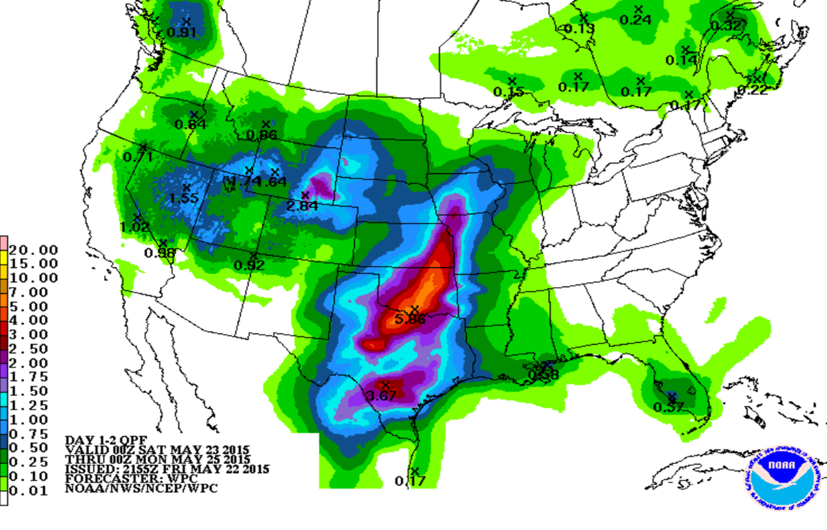 NWS's tweet photo. Heavy rainfall across Plains expected this weekend. Flash flooding and river flooding is likely. #NWSWPC #WRN #NWS http://t.co/aEep3DDmyk