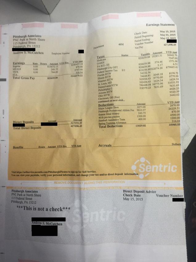 GetBetterTday's tweet photo. Take a look at Andrew McCutchen's pay stub.  We'll see you in the batting cages. http://t.co/mLBHKlnTZ0