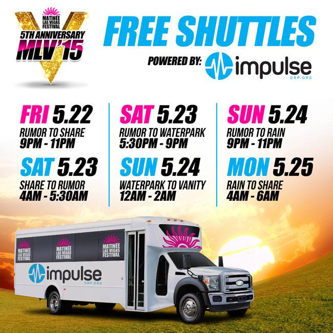 <a href="/MatineeVegas/">Matinee Las Vegas</a> FREE SHUTTLES powered by <a href="/ImpulseLA/">Impulse Los Angeles</a> 
Friday Night from <a href="/RumorVegas/">Rumor Hotel</a> to @ShareNightClub : 9-11PM #MLV15