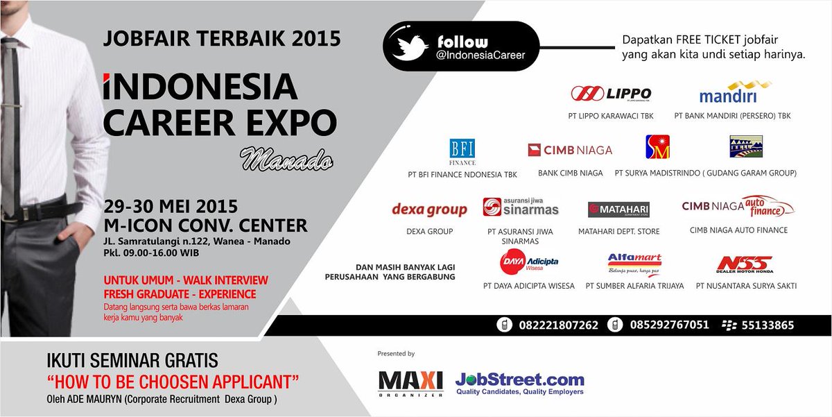 IndonesiaCareer's tweet photo. Rekan2 @Notes_Manado HADIRI JOBFAIR #IndonesiaCareerExpo #Manado 29-30 Mei'15, M. Icon CC | Info:@IndonesiaCareer http://t.co/rrBYh3GD3x