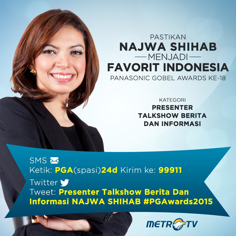 Metro_TV's tweet photo. Vote @Najwashihab sebagai Presenter Talkshow Berita dan Informasi di #PGAwards2015 @PGAwards #PilihNajwa http://t.co/UR0F2GJjQg