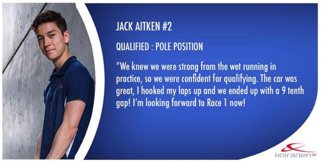 JaitkenRacer's tweet photo. Pole for Race 1, did someone say Brits like the wet? 😉 #silverlinings #FRALPS http://t.co/qqpD9VTGJl