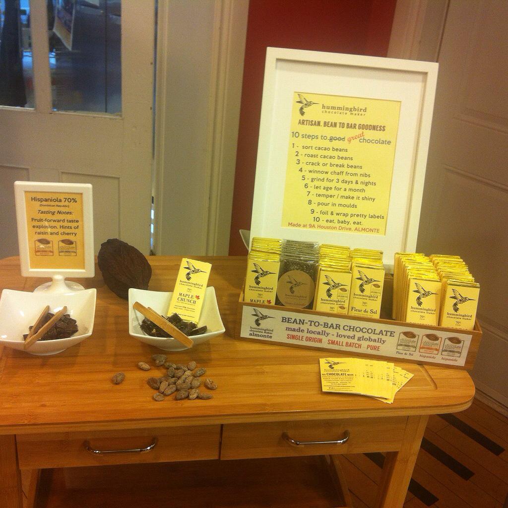 HummingbirdChoc's tweet photo. We're @MrsMcGarrigles today with chocolate samples! Lovely day in #Merrickville http://t.co/d7Y7olkJov