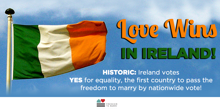 freedomtomarry's tweet photo. HISTORIC 'Yes': #Ireland 1st country to bring freedom to marry by popular referendum #MarRef http://t.co/Jx0U7VqSbW http://t.co/gdk4A9Is3a