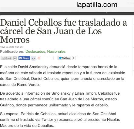 ParaisoActivo's tweet photo. #23M Trasladan a Daniel Ceballos cárcel de San Juan de los Morros, ayer había iniciado huelga de hambre #DescaroRojo http://t.co/FMtnQeryWs