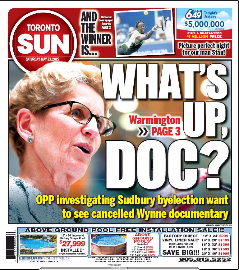 TheTorontoSun's tweet image. #TOSunFront: OPP want to see portion of cancelled Wynne documentary. Plus, we have an NNA winner in the house.