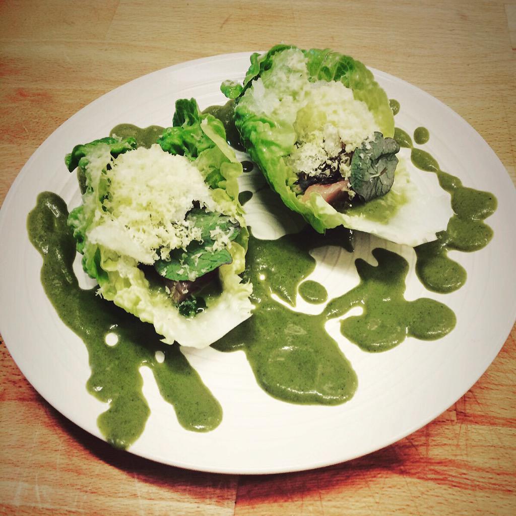 We're seeing green! New #dinner snack: salted mackerel, grilled salad purée