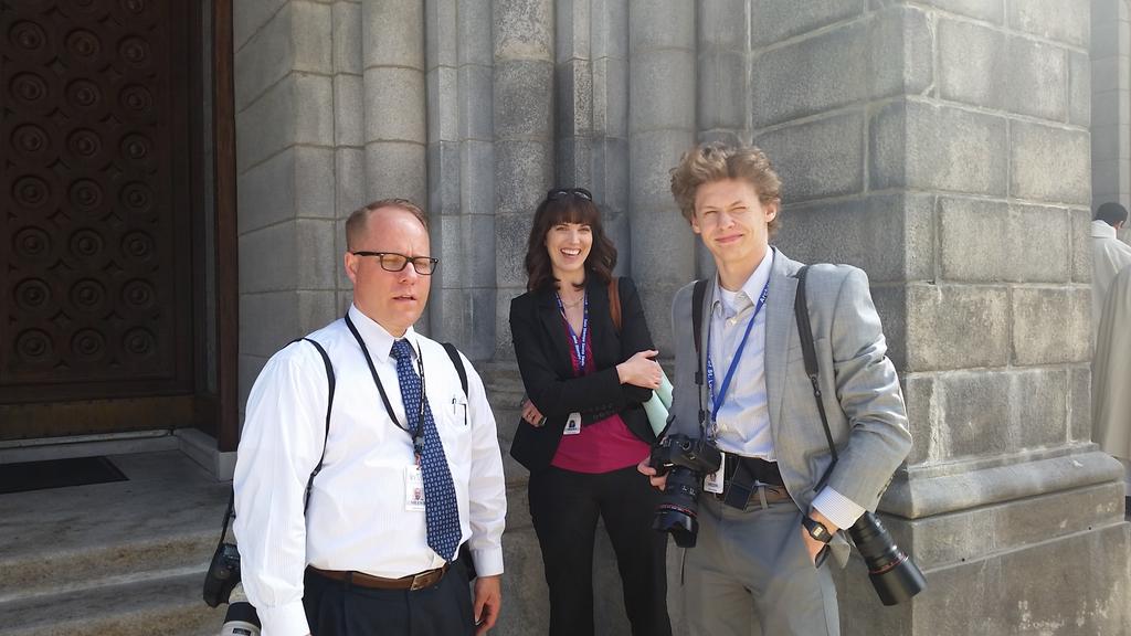 DavidANovak's tweet photo. Teak Philips, Jennifer Brinker and intern Westin of St Louis Review in front of Cathedral #catholicstl #spiritfit http://t.co/hPuPTceGUz