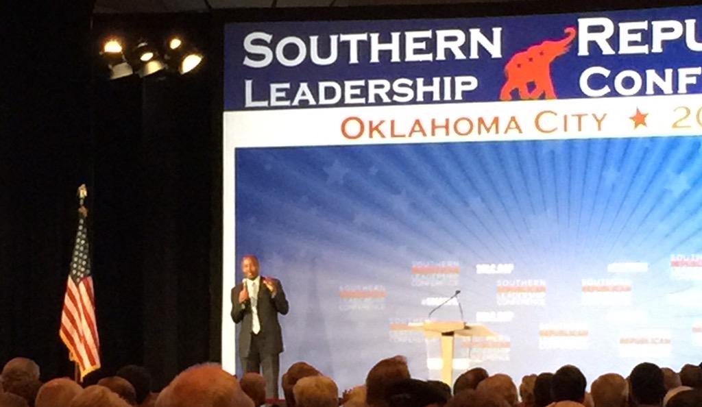 AustinTXYRs's tweet photo. @RealBenCarson addresses @SRLC_GOP in the last session of the conference #SRLC2015 #SRLCOKC http://t.co/FclSTQkU54