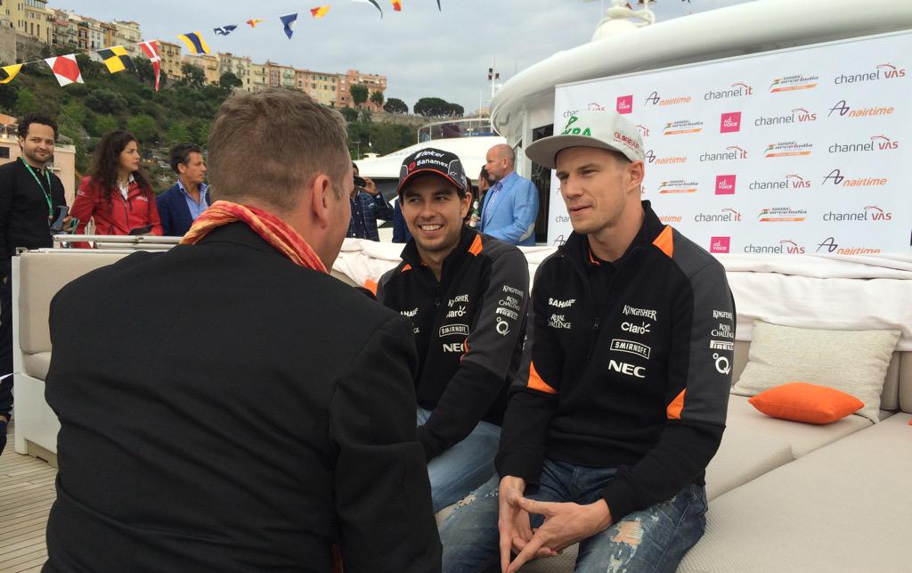 AstonMartinF1's tweet photo. On the high seas! Sergio and Nico are back on the Bash, being interviewed by @SkySportsF1's Craig Slater #MonacoGP http://t.co/yml5JSxMbq