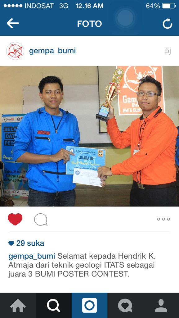 Selamat untuk <a href="/jay_hendrik/">hendrik atmaja</a> perwakilan HMTG ATLAS sebagai juara 3 pada @gempabumi2015 Geological Poster Contest