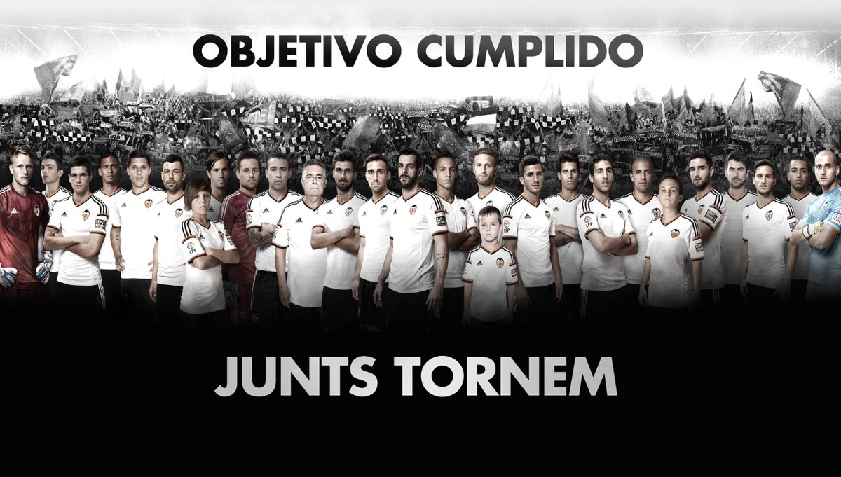 valenciacf's tweet photo. No ha sido fácil, pero podemos decirlo alto: objetivo cumplido. Y todo gracias a vosotros afición #JuntsTornem http://t.co/7aO4j5n4UU