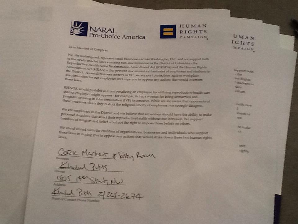 KhalidPitts's tweet photo. Signed @NARAL petition from #smallbusiness telling #Congress we support non-discrimination #rhnda #HRAA #HumanRights http://t.co/xs58RPBOup