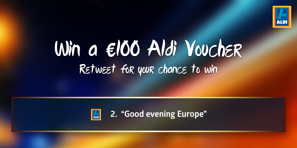 Aldi_Ireland's tweet photo. “Good evening Europe!” And we’re off, time for an Aldi fan to receive cent points, RT to enter! #Eurovision http://t.co/dt4Ll3rTrE