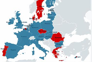 En azul los países que no suelen votar a España en Eurovisión.
En rojo, lo mismo pero en rojo.