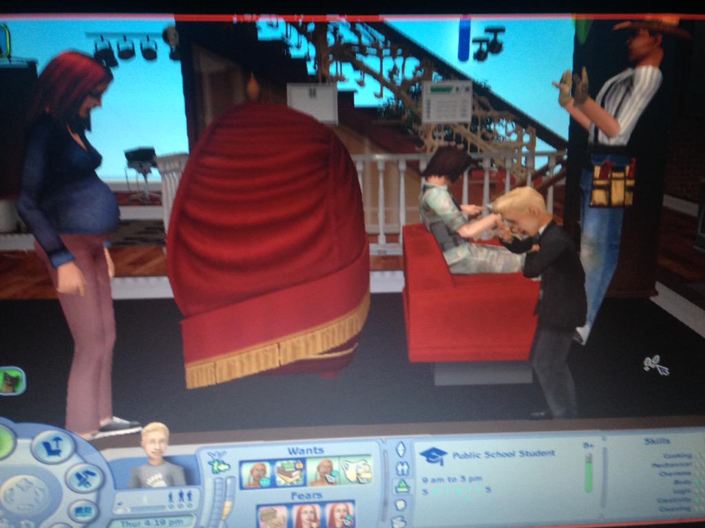 DearestInsanity's tweet image. So I decided to play sims and Nat is having a baby, an adopted kid is crying, James is reading and the gardener is&amp;gt;