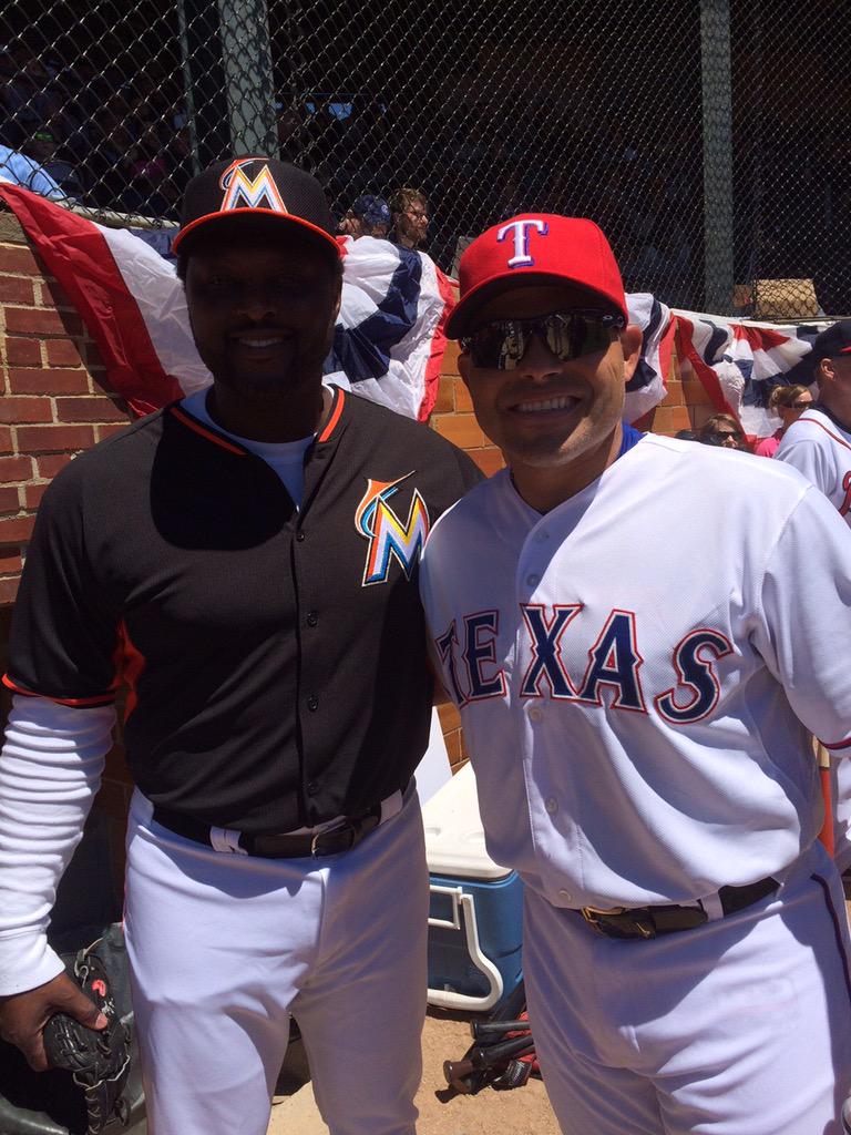 Pudge_Rodriguez's tweet photo. Loved the game today!! @BaseballHall here a good pic with Charles Johnson!! Hope everyone is enjoying this weekend! http://t.co/xJDBbjLX6u