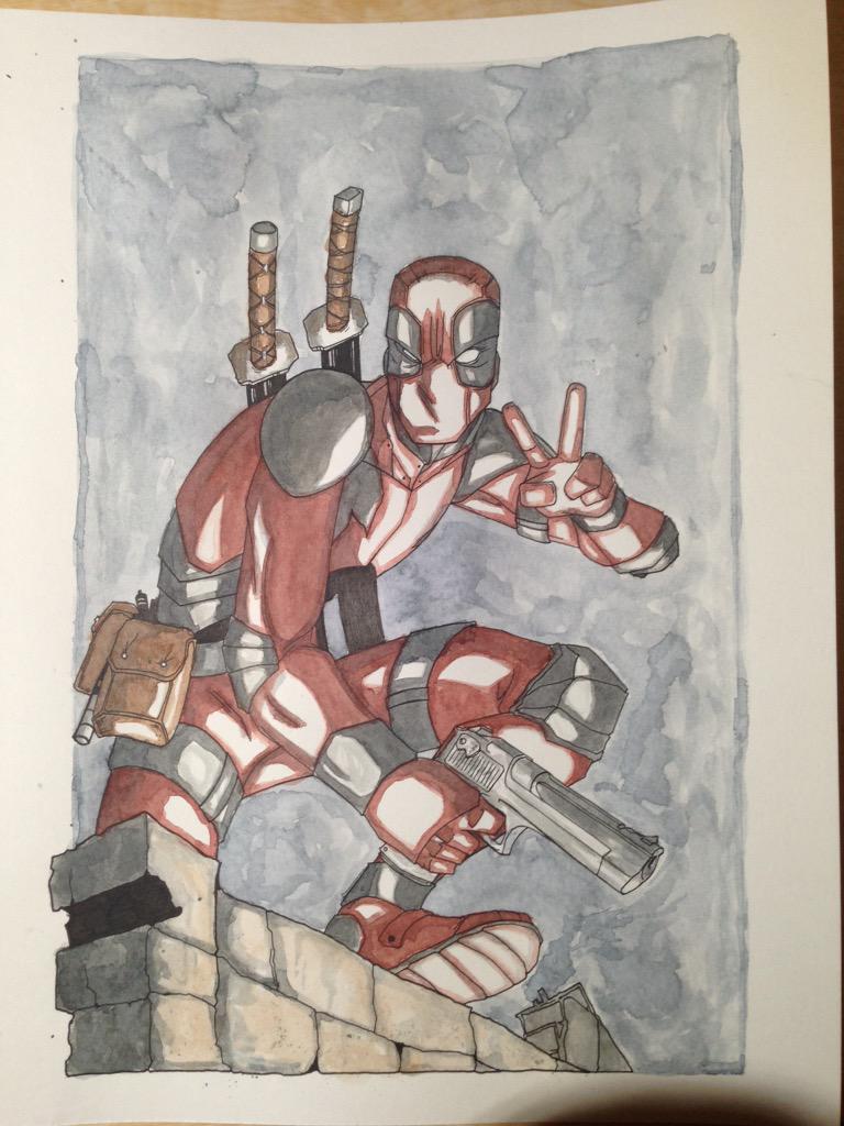 MEGAPOTATO_SHOW's tweet photo. Finished watercolors on my #Deadpool piece. @Marvel prints,@robertliefeld created him. #marvel #art #leadheavy http://t.co/hUFkWZO4v8