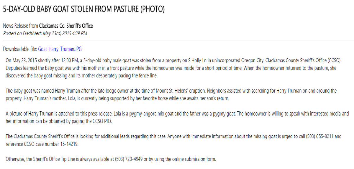 NinaMehlhaf's tweet photo. Best. Press. Release. Ever. #missinggoat #namedHarryTruman #seriously #news @ClackCoSheriff http://t.co/ed9NvXVo19