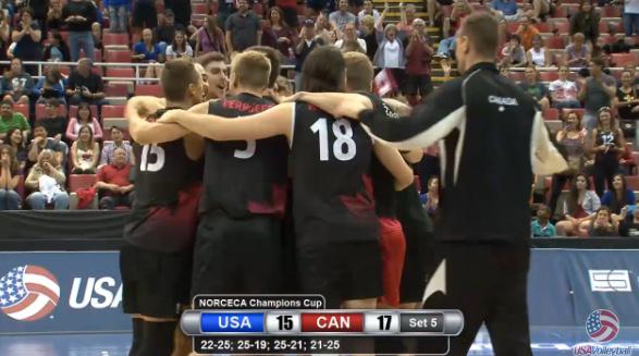 AVCAVolleyball's tweet photo. .@VBallCanada defeats @usavolleyball in a very entertaining five sets to win #NORCECAcc. http://t.co/HkAFANTucZ