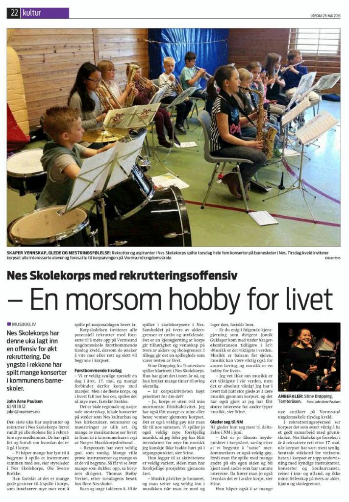 Nesskolekorps's tweet photo. En flott omtale av vår rekrutteringsrunde på skolene og korps generelt. Fra avisa #Raumnes. #allesnakkerkorps http://t.co/wPEWlU14M4