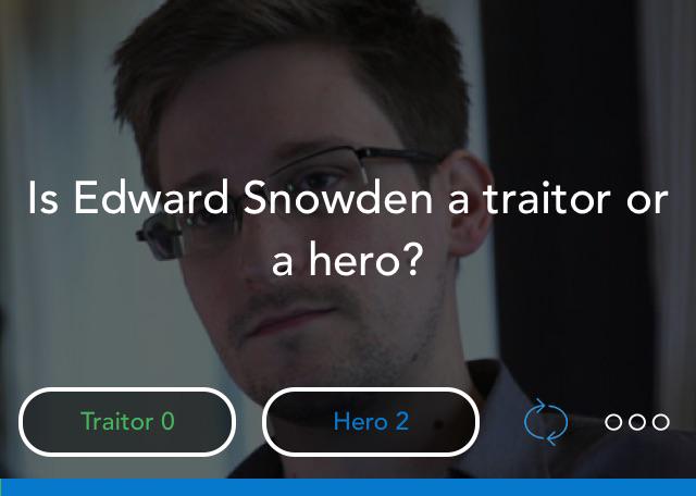 ContraApp's tweet image. &quot;Is Edward Snowden a traitor or a hero?&quot; on Contra for iOS. ctr.ae/tVVwgSm7h2aNc-…
