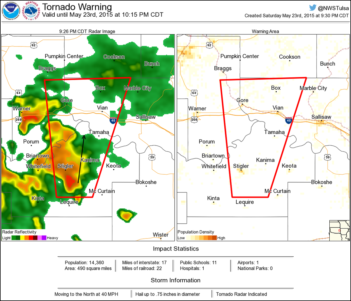 Tornado Warning including Stigler OK, Gore OK, Vian OK until 1015 PM