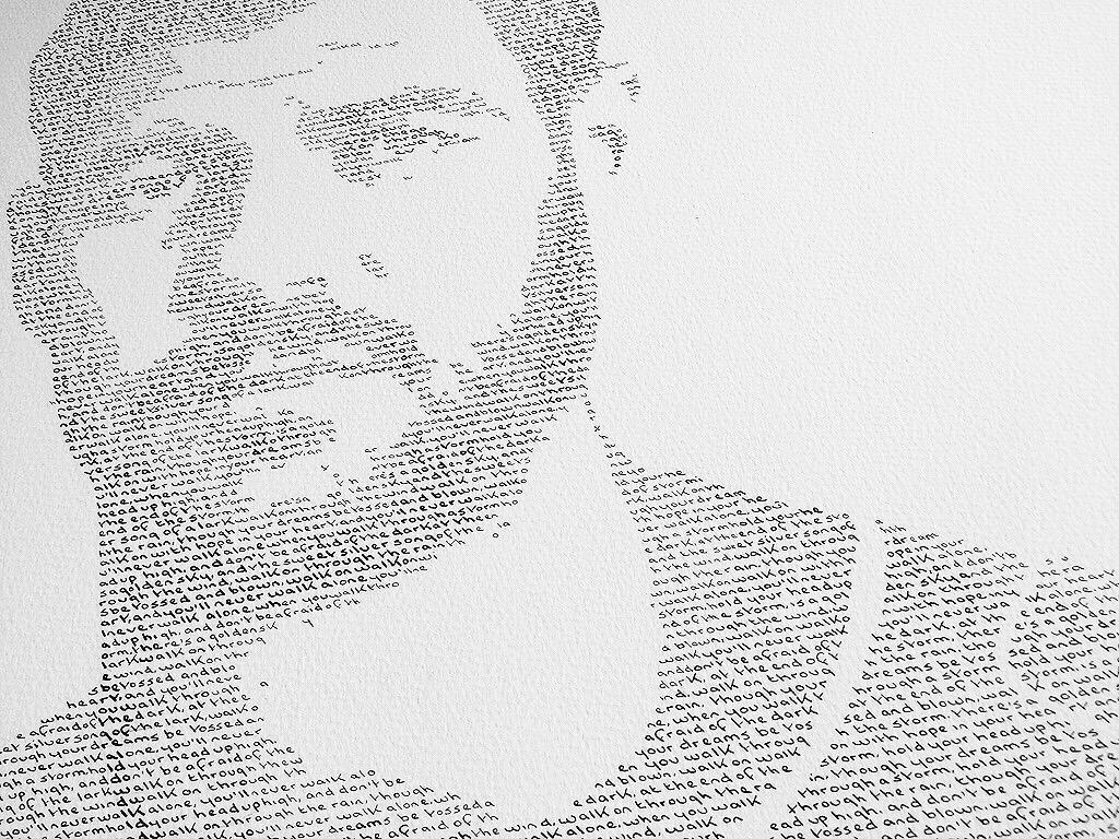 artmouse79's tweet photo. @AnfieldEurope Steven Gerrard handwritten text portrait, using the lyrics to 'You'll never walk alone' #LFC #Number8 http://t.co/4E8BKuLV07