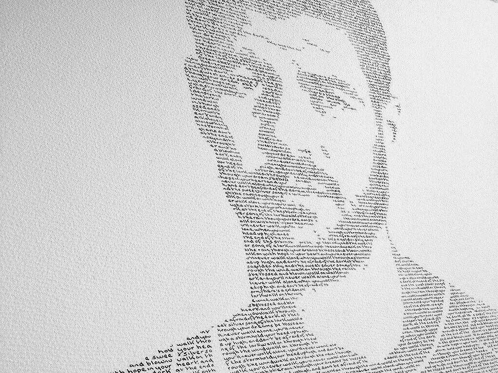 artmouse79's tweet photo. @AnfieldEurope Steven Gerrard handwritten text portrait, using the lyrics to 'You'll never walk alone' #LFC #Number8 http://t.co/4E8BKuLV07