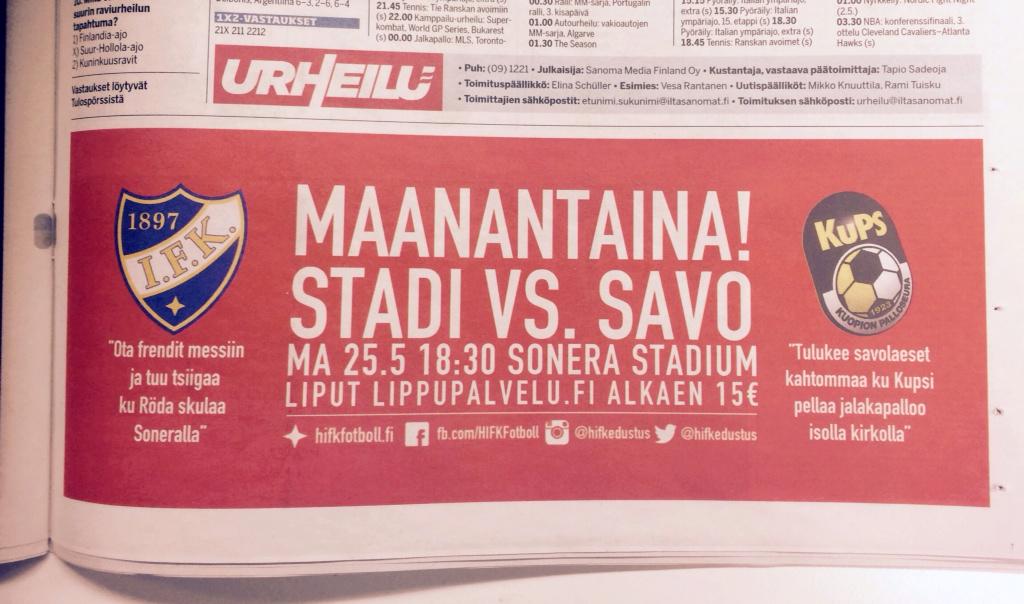Bongaa #HIFK-<a href="/KuPS1923/">Kuopion Palloseura</a> mainos <a href="/iltasanomat/">Ilta-Sanomat</a> ja kutsu lupsakka savolainen ystäväsi peliin.RT &amp; voita 5 ottelulippua