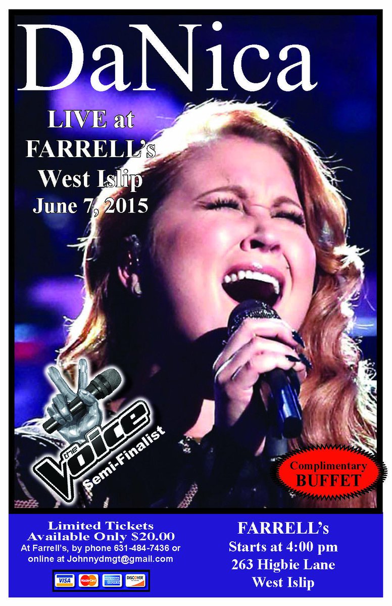 JohnMelhado's tweet photo. Hey everyone DaNica Shirey will be performing here on Long Island on June 7th at Farrell's in West Islip, NY http://t.co/xYcPCQI9Bl