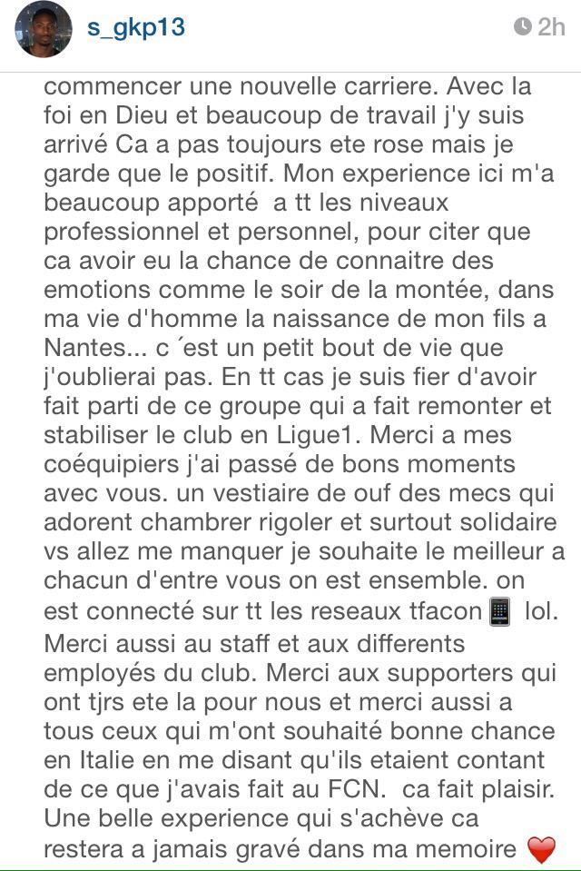 TeamFCN's tweet photo. [#FCNantes]: @SergeGKP remercie les joueurs, le staff et les supporters du @FCNantes sur Instagram. #MerciSergio http://t.co/hwxB07kL2X