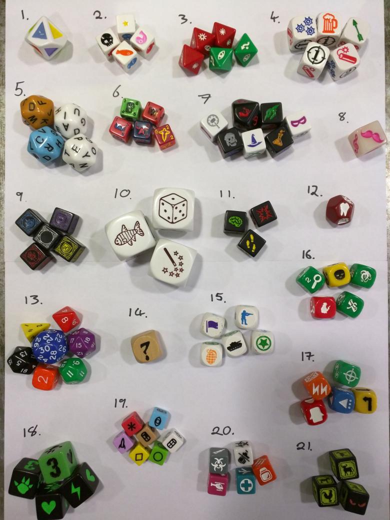 ThirstyMeeples's tweet photo. Today we're thinking about which dice we love/hate. How many do you recognise? Let us know your favourites! http://t.co/UHCq9xSXa4
