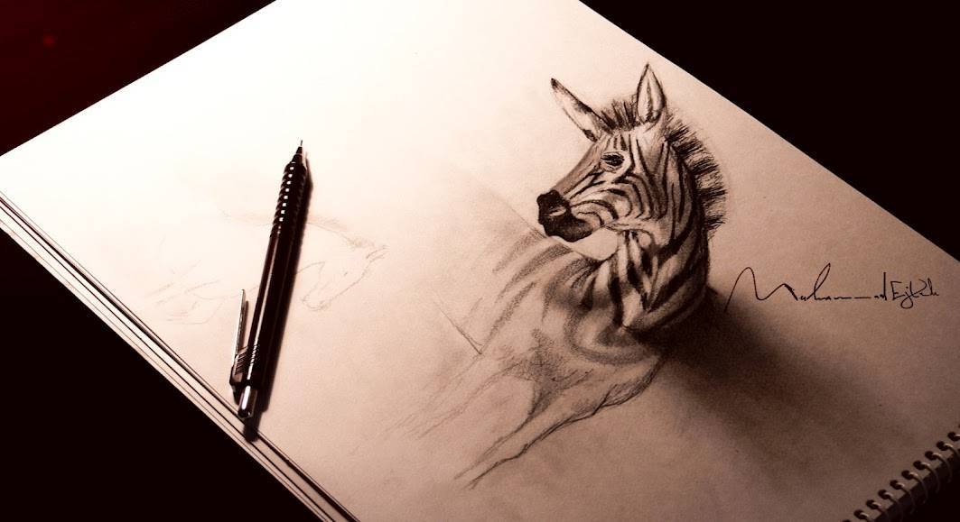 3D zebra coming out of paper drawing