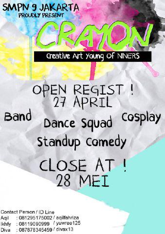 DuniaIndie's tweet photo. @OSIS09JKT present: Creative Art Young Of Niners (CRAYON) #OPENREGIST: 27 April - 28 Mei . More Info: 081295175002 http://t.co/v8fotI0fUl