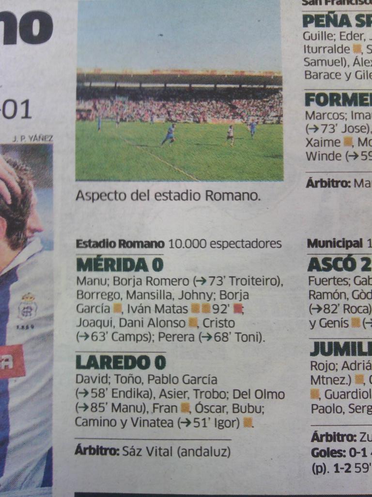 JAReinaGonzalez's tweet photo. La notable entrada en el Romano, durante el Mérida-Laredo, destacada en la edición en papel del diario Marca. http://t.co/DOEweaF7JE