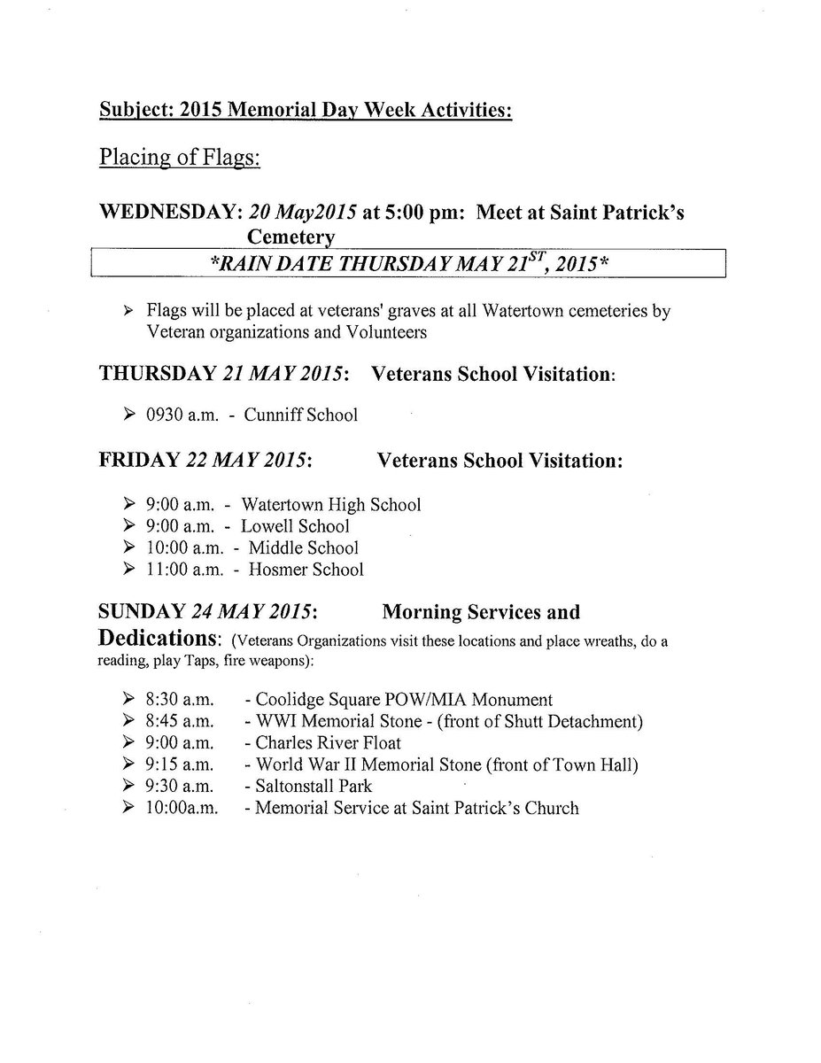 watertownrec on twitter memorial day week activities 2015 vso