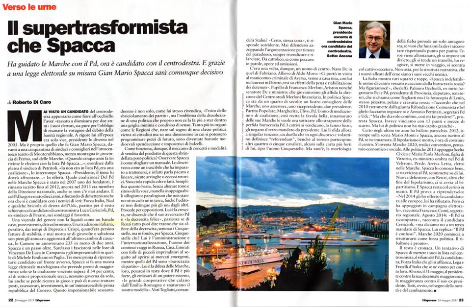 EmilioDalessio's tweet photo. L'articolo di Roberto Di Caro sulle piroette di Gian Marione Spacca pubblicato sul numero in edicola de L'Espresso. http://t.co/k7kdkV7H40