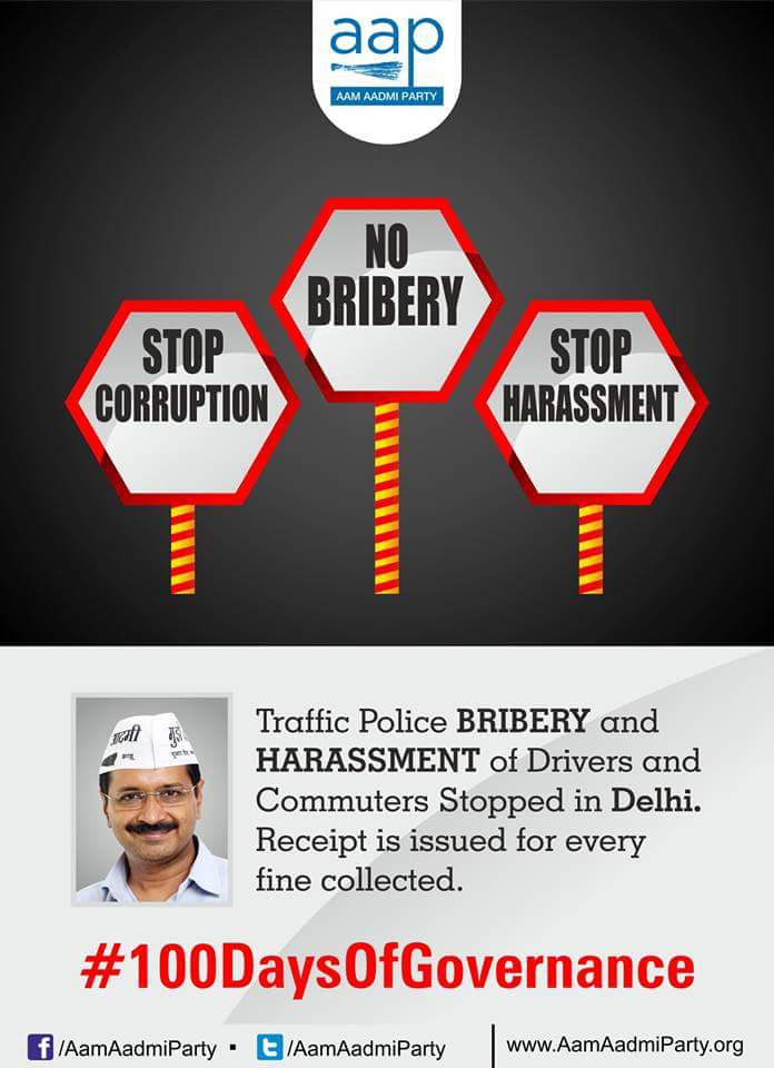 AamAadmiParty's tweet photo. Traffic police bribery, harassment of drivers and commuters stopped in Delhi. 
#100DaysOfGovernance http://t.co/PbXUDWTMSo