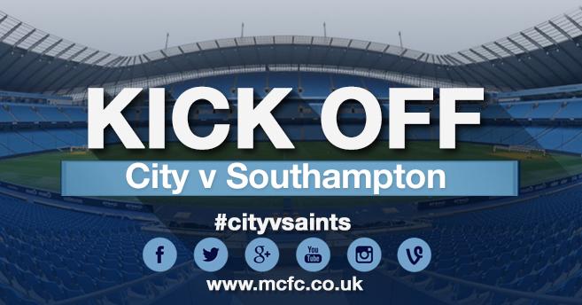 0. And we're off! <a href="/SouthamptonFC/">Southampton FC</a> in their traditional red and white stripes get us under way! #cityvsaints #mcfc