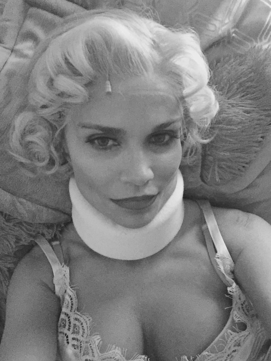 KChenoweth's tweet photo. Rest at intermission. Ah. My neckbrace. http://t.co/LiPQNvRiIu