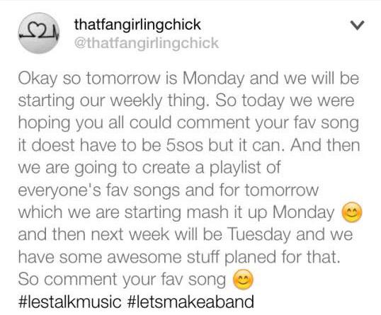 5sosFamBand's tweet photo. #letstalkmusic #letsmakeaband
Comment any of your favorite songs! 😁👌 http://t.co/ON1uUYxrwv