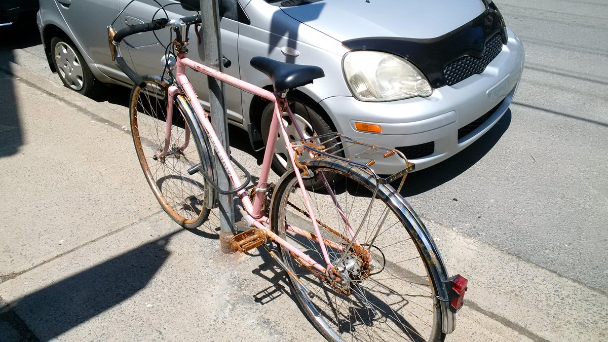 So nice to actually see this pink bike. We've come a long way, baby. #Halifax #snowmageddon2015 #spring