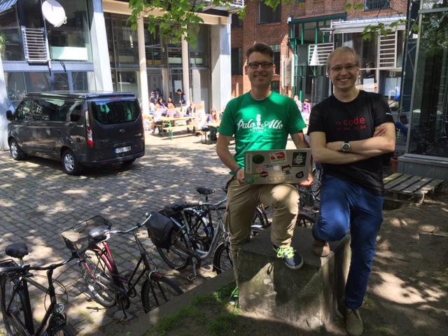 Siecle's tweet photo. Talking to @bstemmildt from @otto_de at #hackathonHH. Later realizing we are both Inspirer at @hckrschl. Funny:) http://t.co/lGavoTrGf3