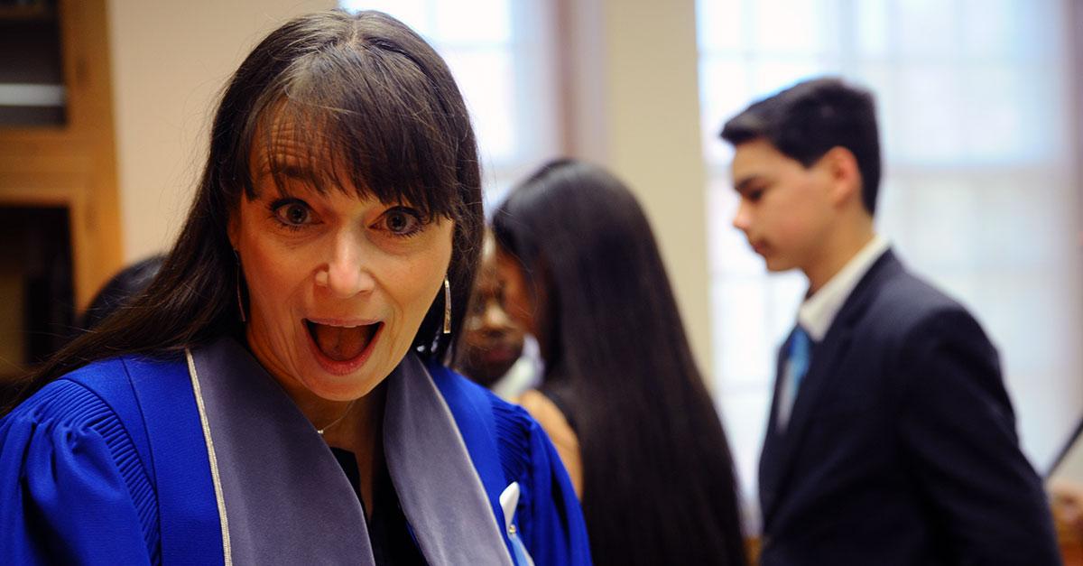 ColbyCollege's tweet photo. Honorary degree recipient #DeborahBial of @PosseFoundation is pretty happy about being part of #Colby2015. http://t.co/L6vGXhIkD8